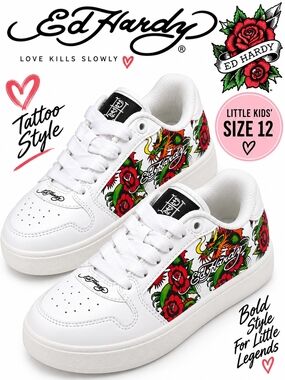 Ed Hardy Floral Kids Sneakers White & Red Girls Size: 12 - Brand New!